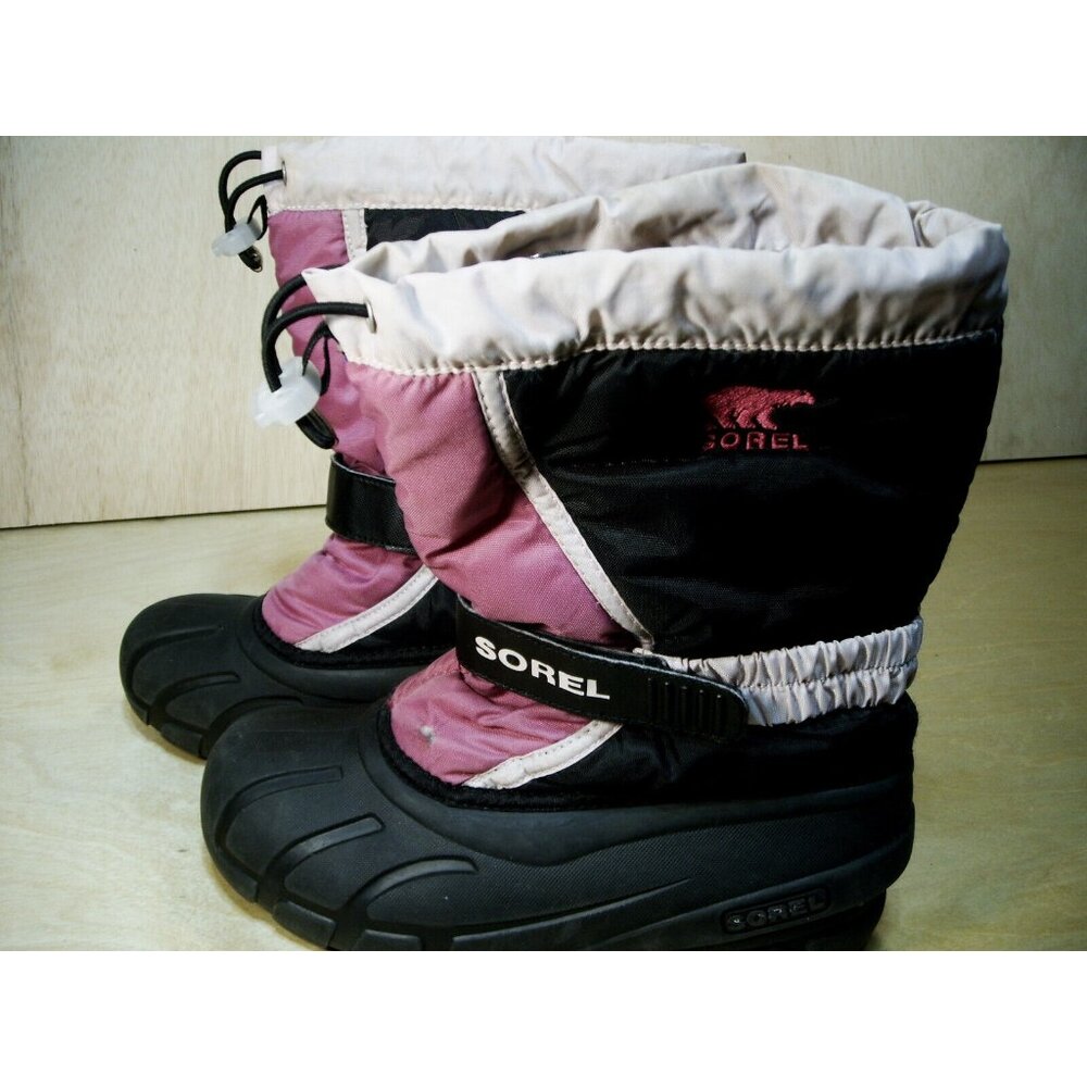 SOREL WINTER SNOW BOOTS Womens Sz 4 Black Lavender & Pink Warm Lining Waterproof